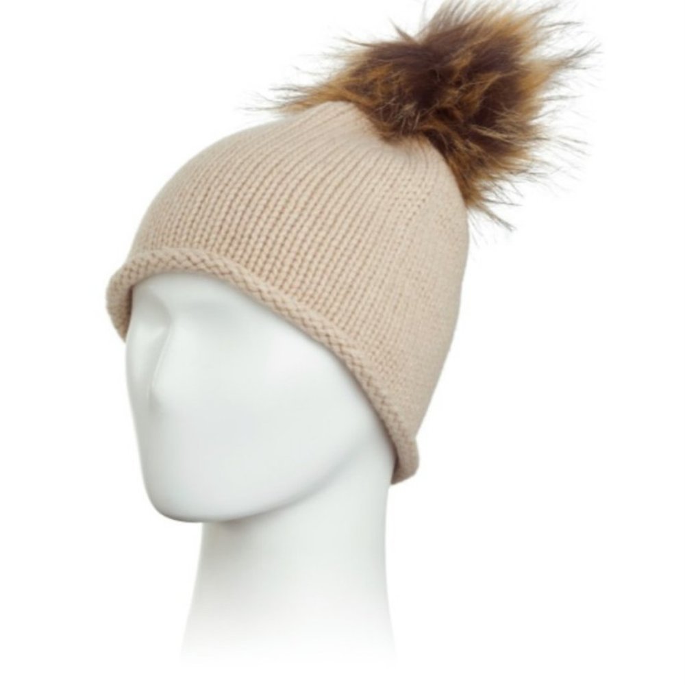 GELSO BIANCO Beige Cashmere Hat Faux Pom Roll Cuff Italy New